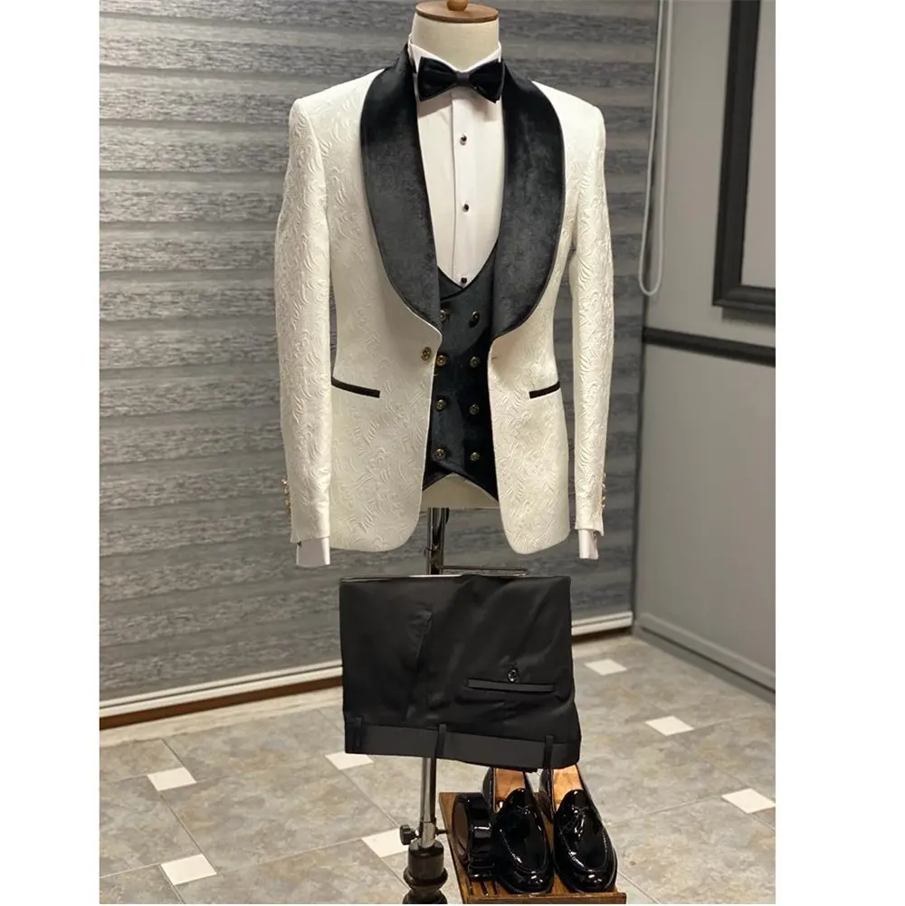Men 3 Piece White Jacquard Printed Fabric Velvet Double Breasted Vest Custom Wedding Suits