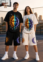 Ensemble streetwear d'été deux pièces pour homme, t-shirt et short imprimés numériquement soleil et lune, en mélange de coton respirant