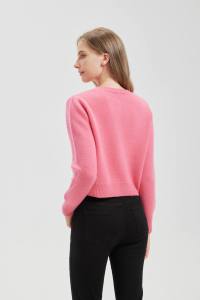Women's Pink Knitted <b>Short</b> Crop <b>Cardigan</b> Full <b>Sleeve</b> Crew Neck Button Closure Casual Winter Wear 100% Pure Cashmere - Product Image 2