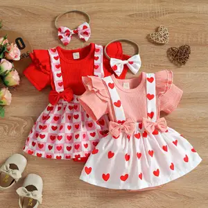 Conjuntos de ropa con estampado de corazón para bebé, Pelele de manga con volantes y Diadema para niñas recién nacidas, novedad