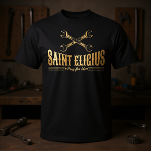 Camiseta Saint Eligius con estampado negro y dorado, diseño del patrón de los mecánicos - Product Image 3