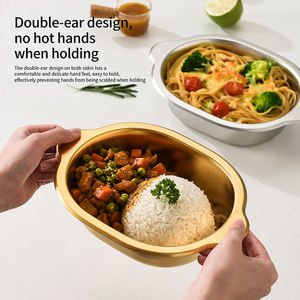 Tazón Ovalado <span class=keywords><strong>de</strong></span> Acero Inoxidable Estilo Coreano con Doble Asa, Fondo Plano, para Ensaladas, Fideos, <span class=keywords><strong>Pollo</strong></span> Frito - Product Image 3