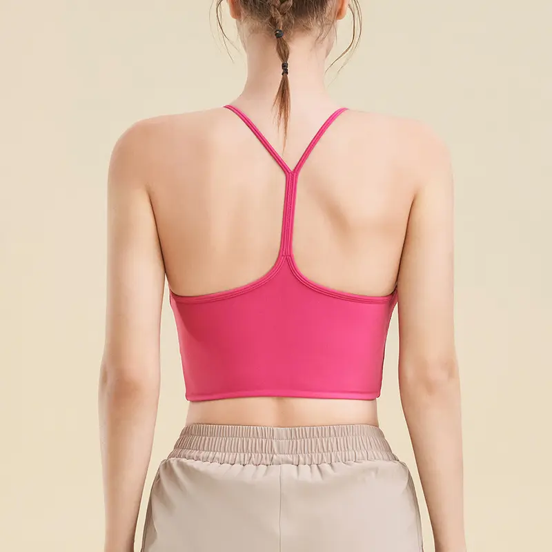 Yeni özel Logo seksi çıplak ince kayış yüksek boyunlu yüksek destek Y geri spor spor sutyen üst egzersiz spor koşu aşınma kadın Yoga