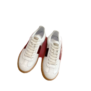 <b>White</b> Leather <b>Lace</b> Up Sneakers with Red Stripe and Gum Sole Casual Shoes - Product Image 1
