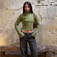 Cardigan en tricot à col roulé pour femme, style chinois avec boutons grenouille, manches longues, patte de boutonnage oblique, coupe ajustée et courte, 100% Polyester respirant