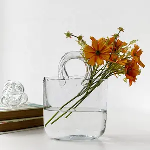 Bag Vase Unique Wide Mouth Bubble Handbag Flower Vases Handmade Glass for Home Decorative Customized Logo Modern Bag Shape