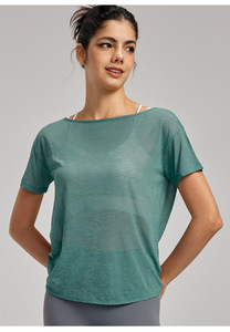 Camiseta deportiva de yoga para mujer, holgada, con espalda cruzada, manga corta, transparente, ligera, transpirable, para gimnasio, pilates y entrenamiento. - Product Image 4