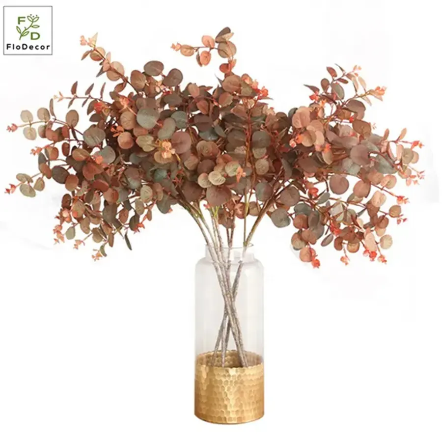 High Quality Artificial Silk Eucalyptus Leaves Stems For Wedding Autumn Color Coffee Brown Dark Red Decoration