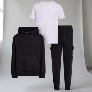 Boys Black Hoodie <b>White</b> T-Shirt Black <b>Cargo</b> Sweatpants Casual Tracksuit Set Solid Color Midweight Cotton Autumn Wear - Product Image 3