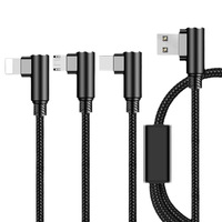 Kabel Charger USB Type-C 3 in 1 Kulit Hitam Nylon dengan Pengisian Cepat 3A