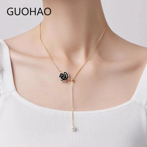 Gold Rose Necklace Sweater Chain With Pearl Drop Daily Wear Fashion Jewelry - Product Image 2