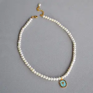 Французский ювелирные изделия ожерелья из натурального жемчуга, Голубая Эмаль, пальмовое дерево пресной воды Жемчужное ожерелье для женщин