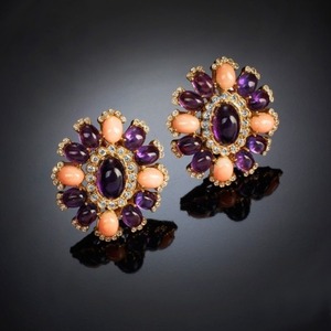 Orecchini a clip vintage con pietre turchesi floreali, gioielli per le orecchie con pietre intarsiate colorate per occasioni di cerimonia - Product Image 5