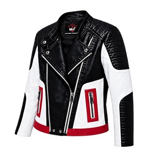 Premium Unisex PU Leather Moto <b>Jacket</b> Black White Red Color Block <b>Quilted</b> Shoulder Zipper Pockets Custom Fashion Outerwear - Product Image 3