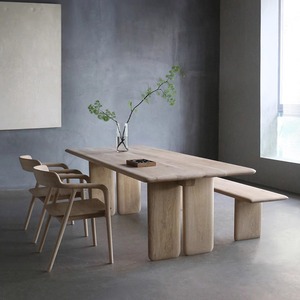Set Tavolo da Pranzo e Panche in Legno Massello Stile Wabi-Sabi Moderno Semplice, Design Nordico Francese per Soggiorno, 4 Posti - Product Image 4