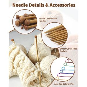 9 Pairs Bamboo Knitting Needles Set with 6 <strong>Stitch</strong> <strong>Holders</strong>, 2-10mm Single Point Wooden Knitting Needles, 10in Long for Scarves - Product Image 3