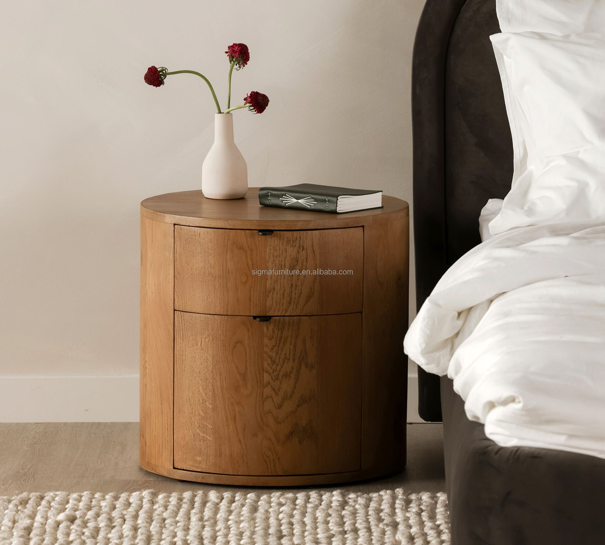 Luxury modern solid wood 2-drawer round bedroom bedside table cabinet nightstand