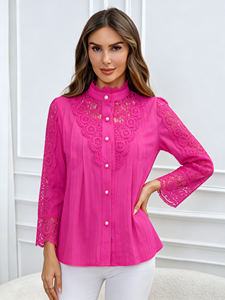 Women's Pink Lace <b>Blouse</b> Long Sleeve Mandarin Collar Button Down Elegant Spring Summer <b>Blouse</b> - Product Image 6