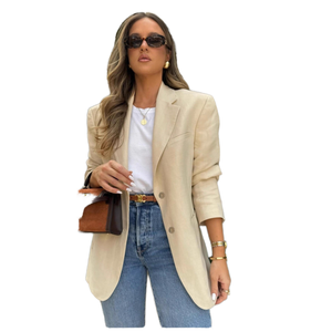 Blazer élégant et décontracté pour femme, coupe ajustée, en laine/soie, col mandarin, simple boutonnage, tissé respirant - Product Image 1