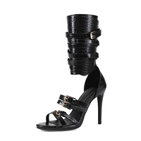 Sandales à talons aiguilles noires imprimé croco avec bride cheville à boucle enveloppante – Talons de soirée à bout ouvert pour femme