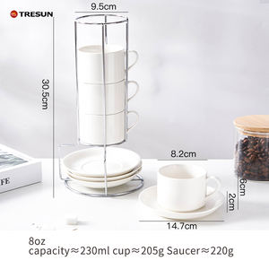 Lot de 4 tasses à expresso en céramique blanche avec soucoupes, 8 oz, empilables, pour cappuccino, avec support métallique - Product Image 5