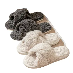 Woolly cross with cotton slippers Ladies home skin plush slippers woman Home Shoes Open Toe Slides Fur fuzzy Slippers