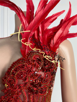 Robe de Bal Tube Ocstrade Scintillante à Plumes Longues, Épaule et Strass, Rouge Velours Long Ourlet pour Soirée Femme 2025