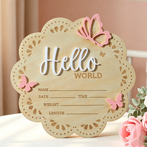 Plaque <span class=keywords><strong>de</strong></span> bienvenue personnalisée en <span class=keywords><strong>bois</strong></span> gravé, carte <span class=keywords><strong>de</strong></span> jalons <span class=keywords><strong>de</strong></span> développement pour bébé, panneau d'annonce <span class=keywords><strong>de</strong></span> naissance « Hello World » - Product Image 6