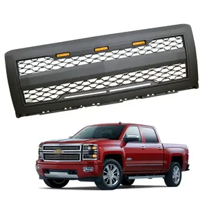 KSCPRO Matte Black ABS Mesh Front Grille Custom Grill Fit For CHEVY SILVERADO 1500 2014-2015と3 Amber LED Lights