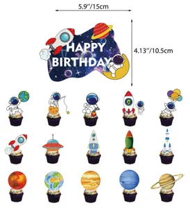 Astronot tema sistem surya roket Selamat Ulang Tahun spanduk kue topper dan balon lateks Pak untuk perlengkapan dekorasi pesta ulang tahun