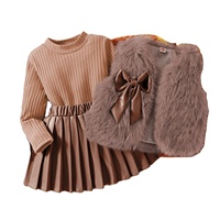 Ensemble pour enfants, chemise rayée, jupe plissée en cuir PU, gilet en fourrure, vêtements d'hiver pour enfants, ensembles de vêtements pour filles, vêtements pour bébés