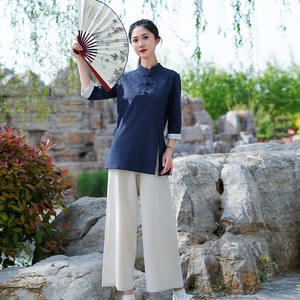 <span class=keywords><strong>Tenue</strong></span> de travail rétro <span class=keywords><strong>chinoise</strong></span> pour salon de beauté, centre de bien-être, costume Tang pour femmes, mélange coton-lin, vêtements de méditation Zen, modèle 2409 - Product Image 3