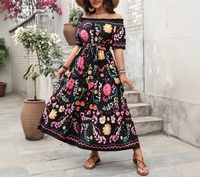 Vestidos de Verano para Mujer Tallas Grandes al por Mayor, Vestido Maxi con Hombros Descubiertos, Estampado Floral Étnico, Cintura Natural Fruncida, Estilo Vacacional con Volantes