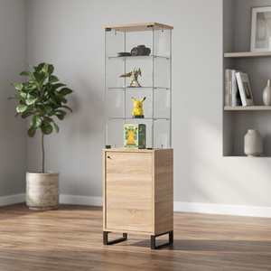 Modern Glass Display Cabinet with Wooden Base 4 Shelves <b>Storage</b> Living Room Furniture - Product Image 2