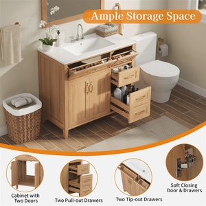 <span class=keywords><strong>Meuble</strong></span>-lavabo de salle de bain 36 pouces avec <span class=keywords><strong>vasque</strong></span> en céramique, finition grain de bois, pieds en bois massif, portes à fermeture douce, couleur naturelle - Product Image 2