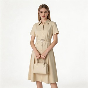 Vestido Camisero Beige <span class=keywords><strong>con</strong></span> Cinturón para <span class=keywords><strong>Mujer</strong></span>, Cuello Camisero, Manga Corta, Plisado, Midi, Informal, <span class=keywords><strong>de</strong></span> Oficina, para Trabajo - Product Image 3