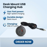 Prise de courant encastrée en plastique pour table, 1 port USB-A et 1 port USB-C, indice de protection IP44, courant 16A