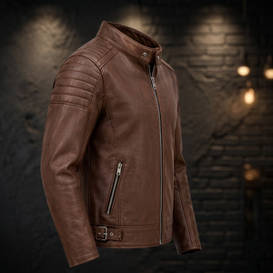Chaqueta de Motociclista de Cuero Marrón para Hombre, Cuello Alto, Cierre de Cremallera, Corte Ajustado, Moda de Lujo, Ropa de Otoño - Product Image 6