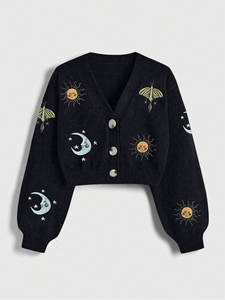 Cardigan in <span class=keywords><strong>Maglia</strong></span> <span class=keywords><strong>con</strong></span> Bottoni Ricamati da Donna Autunno Inverno Motivo Sole Luna Maniche a Lanterna Scollo a V - Product Image 3