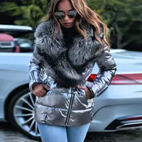 2022 सर्दियों फैशन फॉक्स फर कॉलर नीचे कोट महिलाओं चांदी जिपर लंबी आस्तीन Puffer जैकेट देवियों कश्मीरी कोट