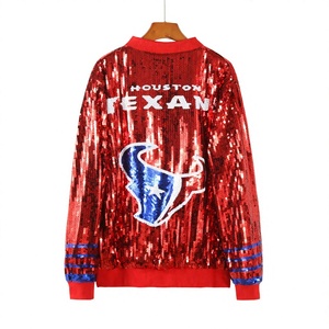 Chaqueta de lentejuelas para <span class=keywords><strong>mujer</strong></span> Texan 2026 para el Día del Partido, con patrón sólido en rojo, blanco y azul, logotipo frontal de jersey tejido y cierre de cremallera - Product Image 4