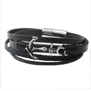 Yunnique Pulsera de cuero tejida de acero de titanio con diseño de ancla, joyería de moda para hombre, color negro - Product Image 1