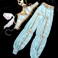 Costume professionnel La Bayadère bleu clair, tenue de scène de ballet Princesse Jasmine, ensemble pantalon 2 pièces à sequins et perles