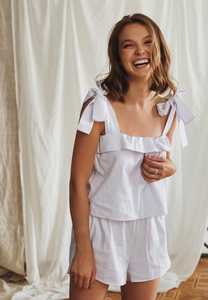 Completo da donna corto estivo da donna bianco ed elegante in due pezzi completo da <span class=keywords><strong>pigiama</strong></span> in lino per signora - Product Image 3