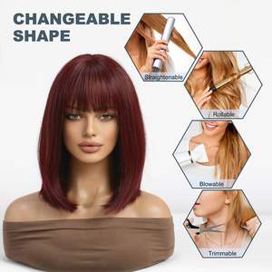 Perruques Bob Courtes et Droites Rouge Bordeaux avec Frange Longueur Épaule Résistantes à la Chaleur pour Femmes à la Mode (Vente en Gros) - Product Image 5