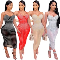 Robe Cami Sexy en Maille à Strass pour Femme, Transparente, Bretelles Fines, Moulante, pour Soirée et Club, Noire Unie, Vente en Gros, Personnalisable OEM