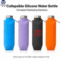 Bouteille d'eau pliable en silicone sans BPA, bouteille de voyage pliable avec couvercle en acier inoxydable, mousqueton, logo personnalisé
