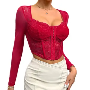 Prix de gros vin rouge Haut bustier sexy en dentelle brodée pour femmes haut corset à manches longues