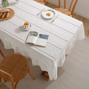 DUOLAI 도매 사용자 정의 헴스티치 순수 린넨 식탁보 식탁 파티 테이블 린넨 천연 흰색 색상