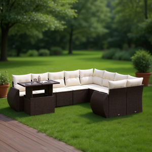 Brown Rattan Garden <b>Sofa</b> <b>Set</b> With <b>Cream</b> Cushions Outdoor Sectional Contemporary Design Multi Piece Furniture - Product Image 2